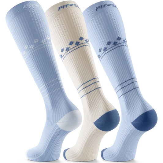 FITRELL 3 Pairs Compression Socks for Women and Men 20-30mmHg Support Socks for Travel, Running, Nurse, Knee High, Diamond Clear Days, Light Blue+White, S/M