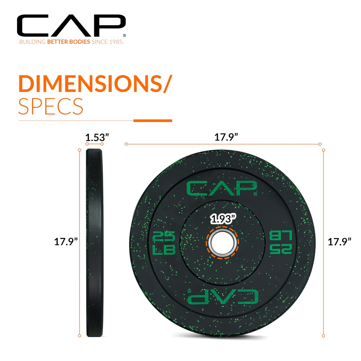 CAP Economy 25 lb Pair Olympic Bumper Plate, Medium Bounce Rubber Weight Plate with Steel Hub, Color Fleck Design, 2-Inch Olympic Barbell Compatible for Strength Training, Weightlifting & Home Gym Workouts.