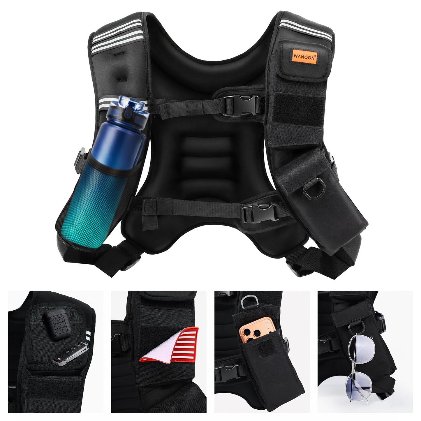 WANOON Weighted Vest for Men Women, 8lb/12lb/16lb/20lb/30lb/40lb Fixed Weight, Plus Size Fitness Vest with Phone Pocket & Reflective Strips for Walking Running Rucking Strength Training