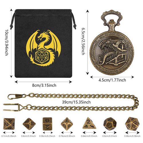 Mini DND Dice Set, with Steampunk Tongue Treasure Chest Pocket Watch Shell Case, 7-Piece Polyhedral Metal D&D Dice, DND Gift Bag with Dragon Logo, RPG, Role Play Board Game Accessories, Bronze
