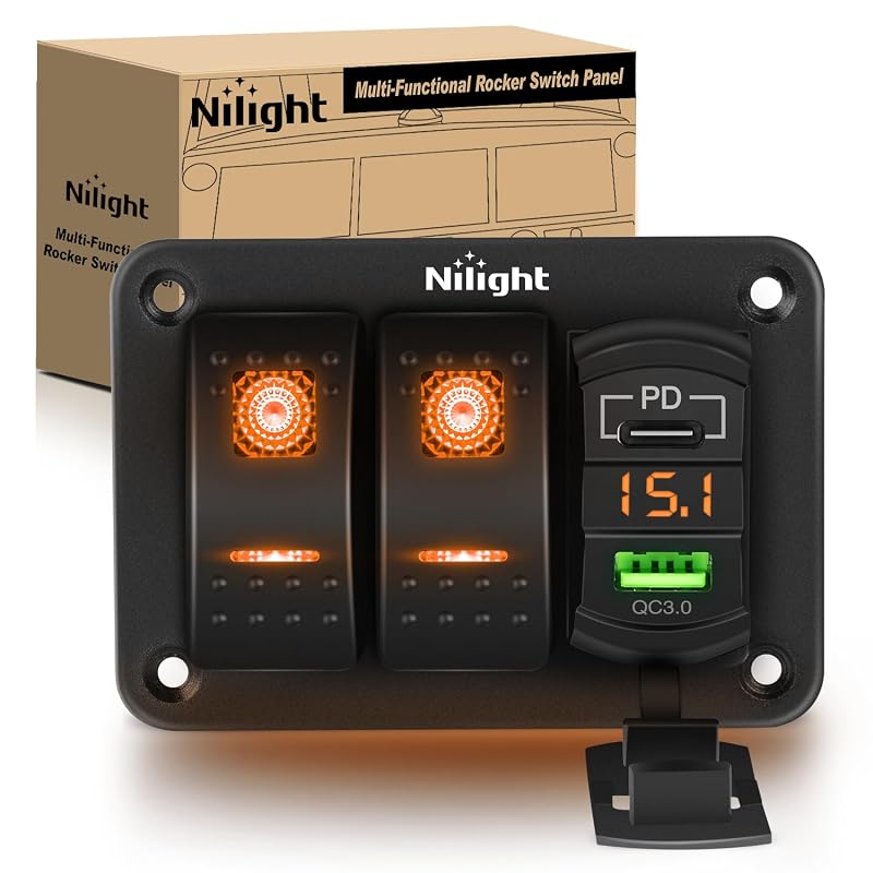 Nilight 2-Gang Rocker Panel with PD Type-C USB Charger & Voltmeter - Amber Variation