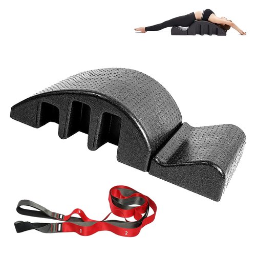 DOLOKEE Spine Corrector Pilates Equipment, S-Curve Design, Back Support and Core Exercise Tool (Black, with Stretching Strap)
