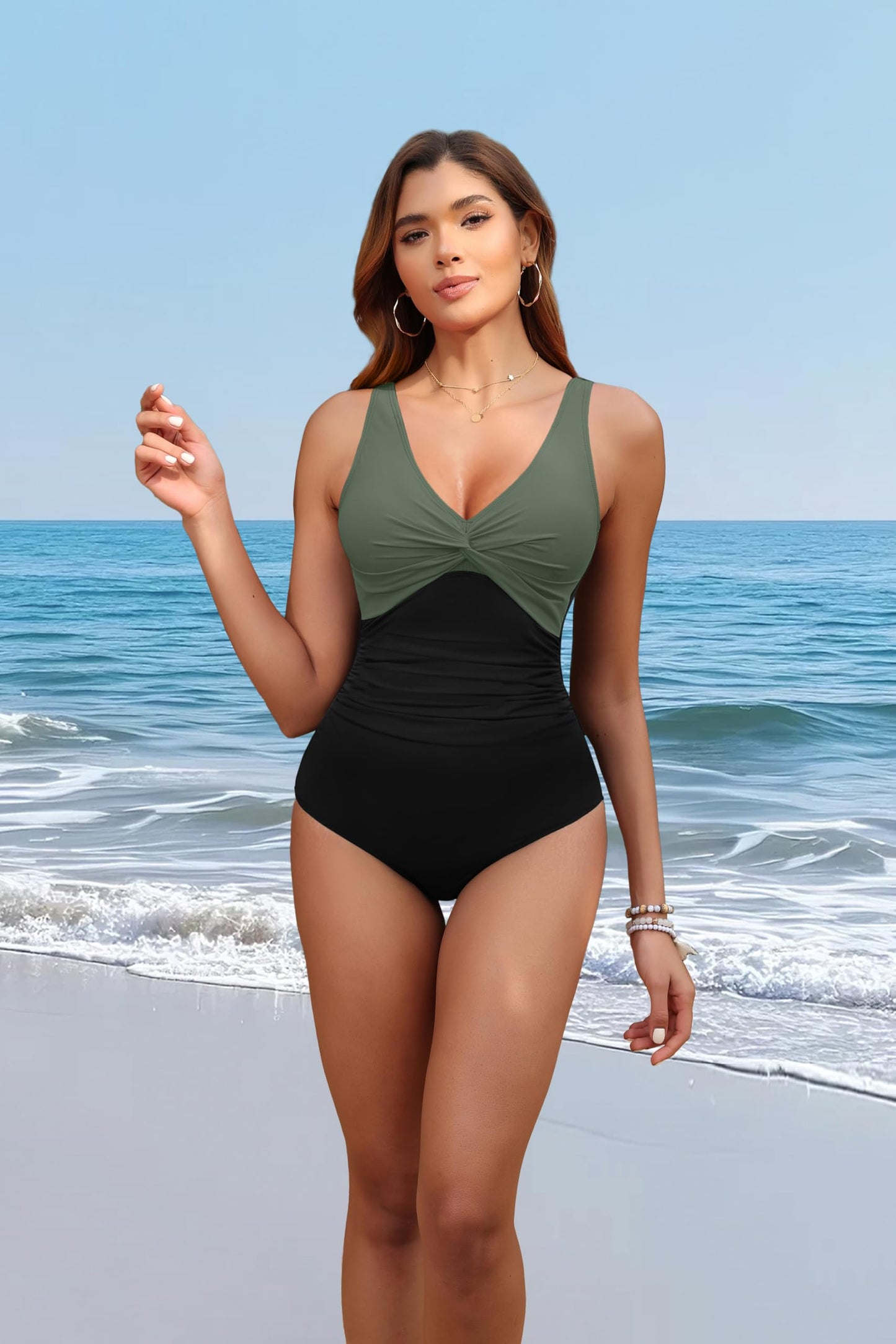 Holipick Green and Black Women Tummy Control One Piece Swimsuit - Push Up Bathing Suit Full Coverage Slimming Swimwear 20 Plus (US 20W)