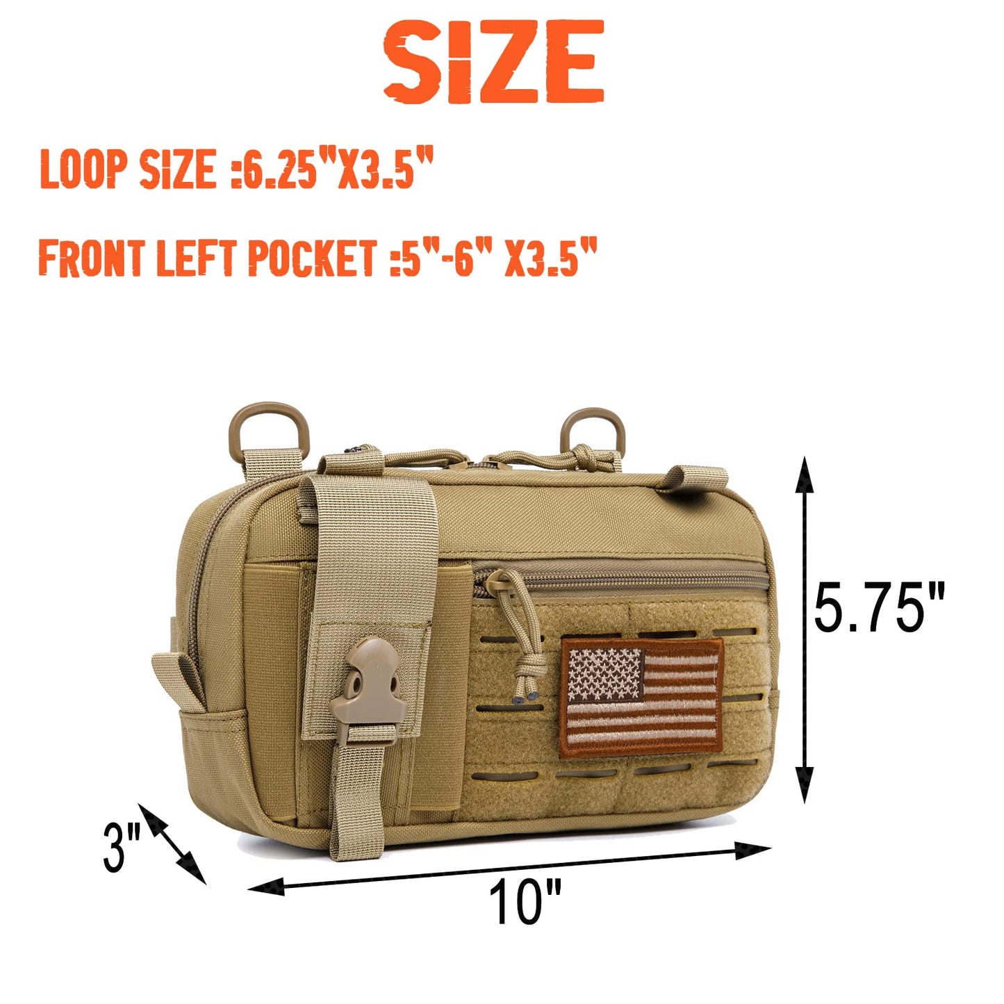 Taxatm Molle Admin Pouch with Laser Cutting Loop,EDC EMT Molle Pouches, Large Capacity Organizer Waist Pouch Include US Flag (Small Brown-Without Accessories)