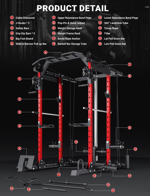 YOLEO Smooth Dual Pulley System Power Cage, 1600LBS Adjustable Cable Crossover Power Rack, Multi-Functional Squat Rack for Home Gym with More Training Attachment (Power Cage)