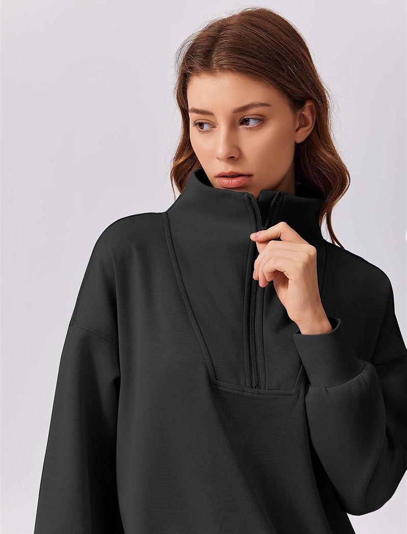 PINSPARK 2-Piece Lounge Set for Women with Half Zip Sweatshirt & Wide-Leg Pants - Black, Medium, Standard