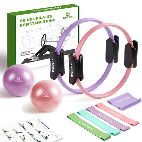 GIFNOL Pilates Ring and Ball Set with Resistance Bands - Pilates Equipment for Home Workout - 14'' & 12'' Pilates Rings, 2 Pilates Balls, 5 Resistance Bands for Toning Arms, Thighs/Legs & Core