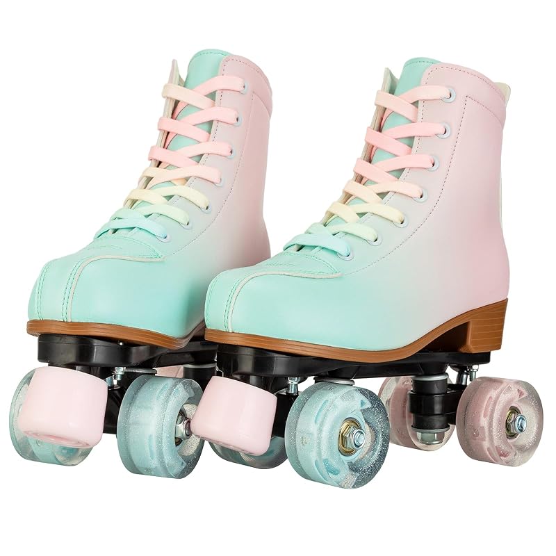 Gradient Pink-Blue Roller Skates for Girls & Women, Cozy PU Leather, Flash Wheels - 37-US Women/Youth 6/7