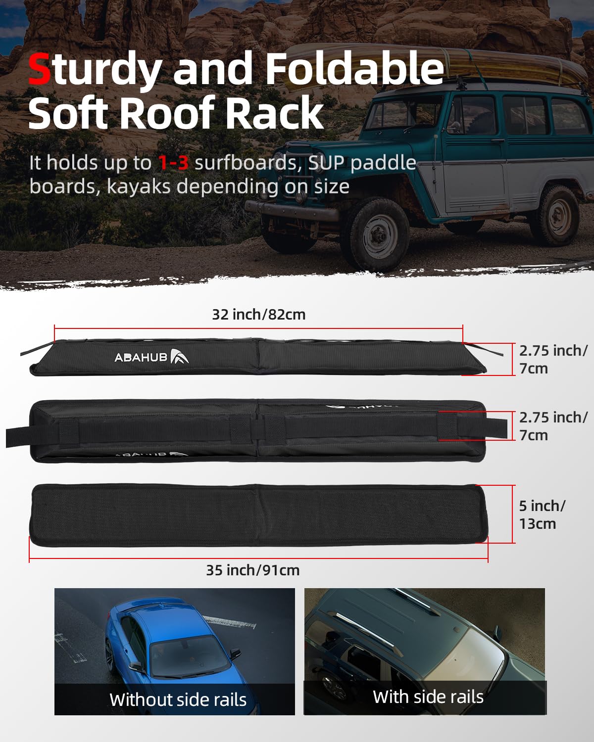 Abahub Soft Roof Rack Pads with 2 Tie Down Straps, 2 Tie Down Ropes, 2 Hood Loops and Storage Bag, for Surfboard, Kayak, Canoe, Heavy Duty Universal Car Roof Racks System Black 35 inch