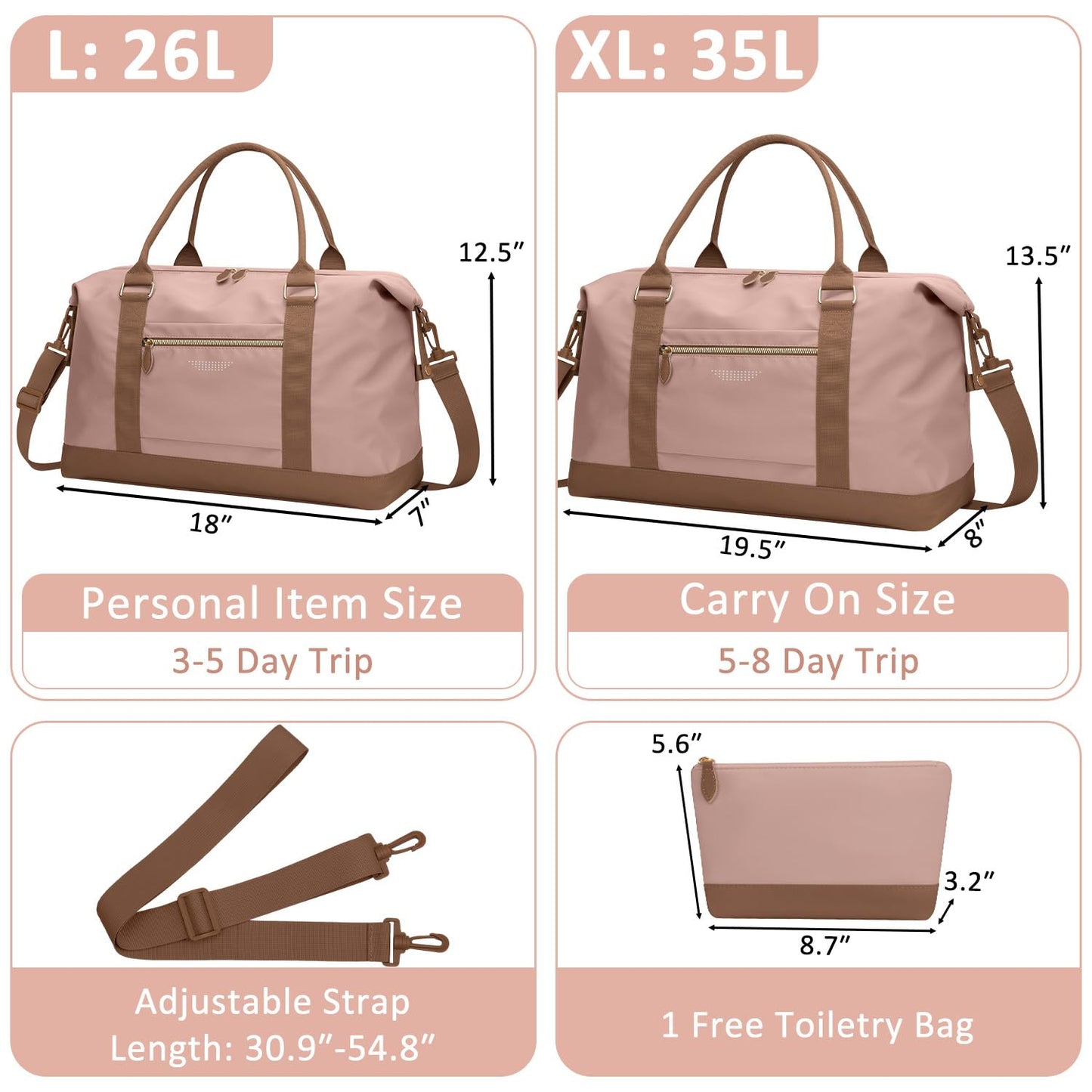 ELONGRIVER Travel Duffle Bag for Women, Weekender Bags, Hospital Bag for Labor Delivery, Lightweight Tote Duffel Overnight Bag with Luggage Sleeve, Airplane Travel Bags with Toiletry Bag, Large, Pink