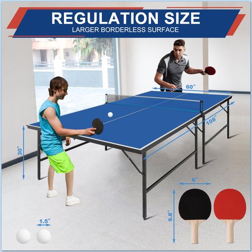 Ping Pong Table Set for Indoor, 9FT Foldable Table Tennis Table with Net, 2 Paddles, 2 Balls, Steel Outdoor Ping Pong Net Set & Frame, Multi Use Conference Table Dining Table