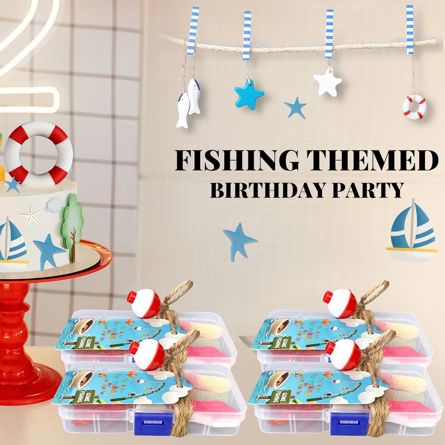 24 Sets Fishing Party Favor, Mini Tackle Boxes for Party Favor for Fishing Birthday Party Decorations with 24 Mini Candy Tackle Box, Fishing Bobber and Thank You Cards Fishing Themed Party