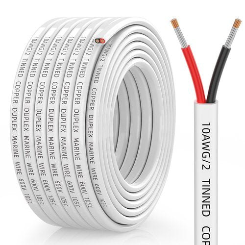 CONEPY 10 Gauge Marine Wire, 10/2 Duplex Marine Grade Cable, IP68 Waterproof/Oxygen-Free Tinned Copper Stranded PVC 10 AWG Wire for Boat, Automotive, RV, Solar, LED Strips (30FT/9M)