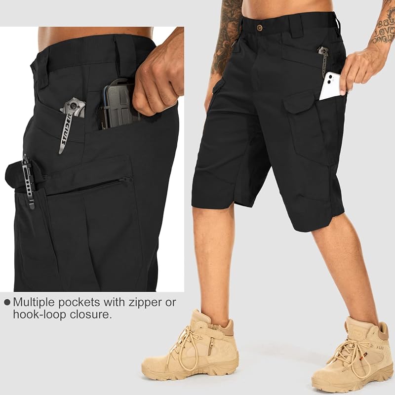 Mens Work Shorts Cargo Tactical Outdoor Short - Quick Dry, 8-Pocket, Black+36