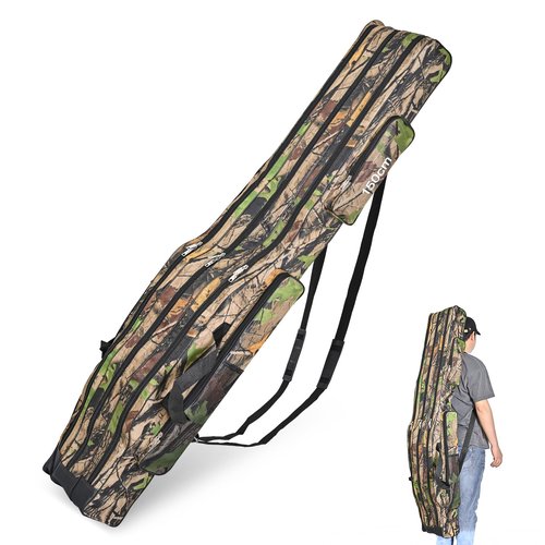 LEOFISHING Portable 3 Layers Fishing Pole Bag Durable Oxford Folding Fishing Rod Reel Carry Case Tackle Storage Bag Case Waterproof Camouflage Travel Fishing Carrier (Yellow Camouflage, 150cm/59in)