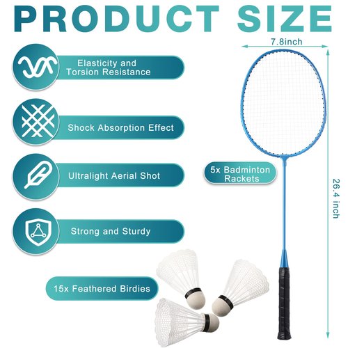 Woanger 10 Packs Badminton Rackets Set with 15 Shuttlecocks Badminton Racquets for Adult and Lightweight Teenagers Shuttlecock Set for Backyard Gym Beach Outdoor Games(Fashion Colors)