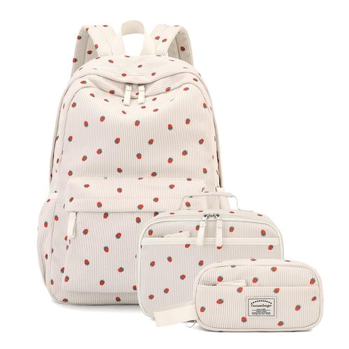 Tanweibago Backpack for Girls Boy Teen Corduroy Bookbags Elementary Middle High School Women Laptop Bag with Lunch Box Pencil Bag (Strawberry Beige)