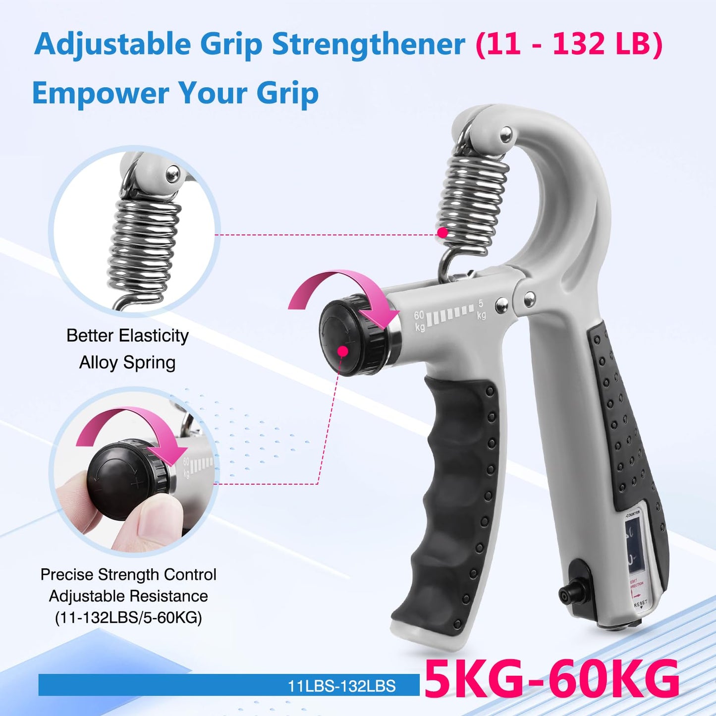 CYFIE Hand Grip Strengthener with Counter, 10-132 lbs Adjustable Resistance, Grip Strength Trainer Kit with Finger Exerciser & Storage Bag - Forearm Strengthener for Muscle Building, Injury Recovery & Athletes