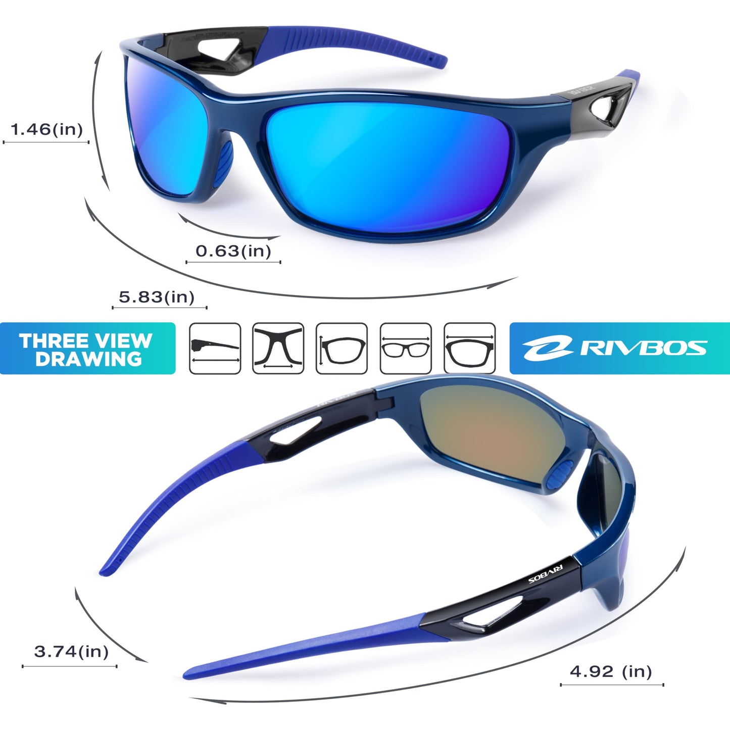 RIVBOS Polarized Sports Sunglasses Driving Sun Glasses Shades for Men Women Tr90 Frame for Cycling Fishing Running RB831 Blue Black Frame/Blue Lens