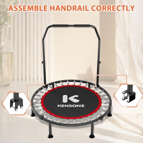 K KENSONE 40??Mini Trampoline for Adults with Purple Resistance Band, Fitness Rebounder for Indoor Workout with Adjustable Foam Handle, Small Home Exercise Equipment, Max Load 330lbs