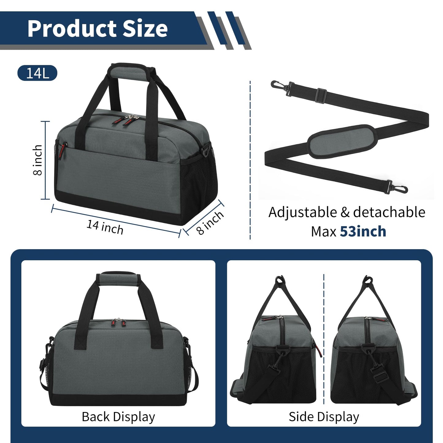 THSOGO Small Gym Bag with Wet Pocket - 14 inch Mini Duffle Bag for Men & Women Lightweight Carry On Bag for Travel Sport - Dark Grey