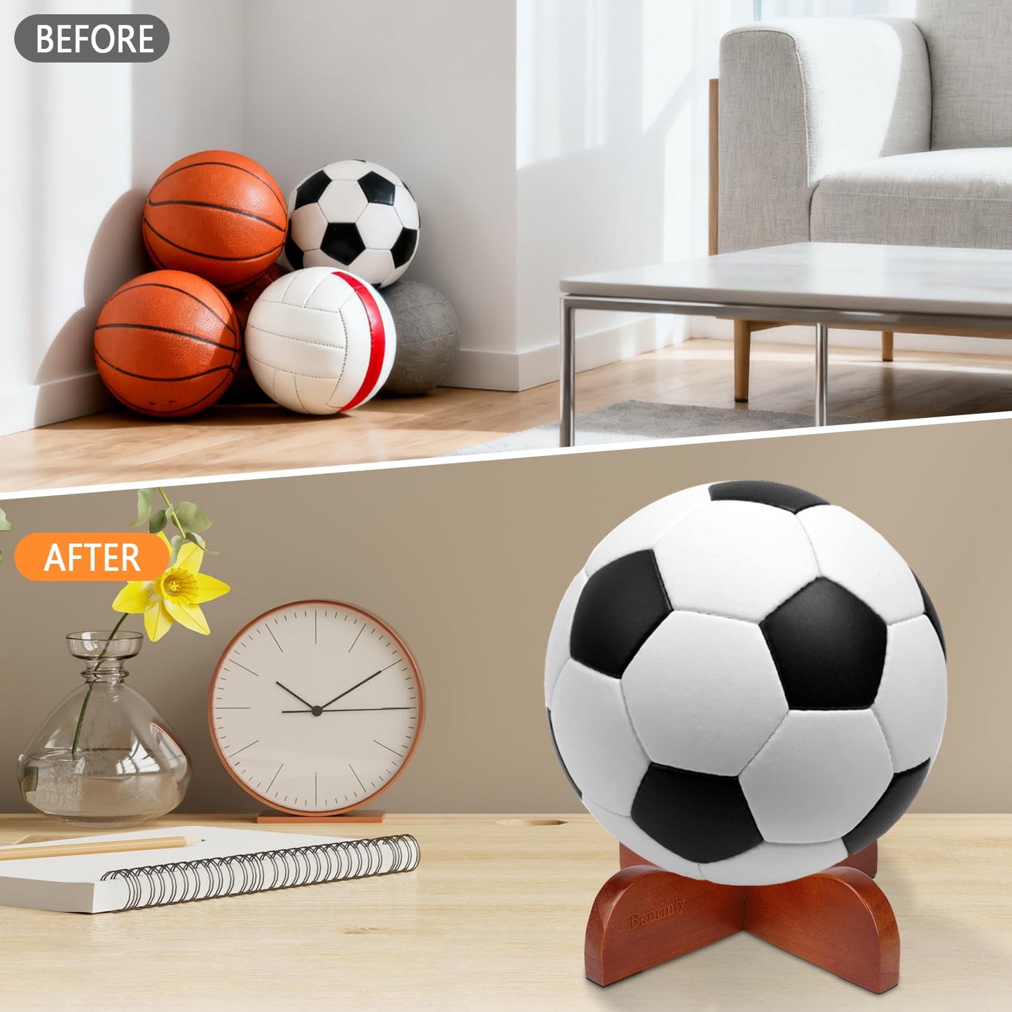Banrinly 2-Pack Wooden Ball Display Stand - Solid Wood Sports Ball Holder for Football, Basketball, Rugby, Soccer, Volleyball Memorabilia - Premium Ball Display Case Base