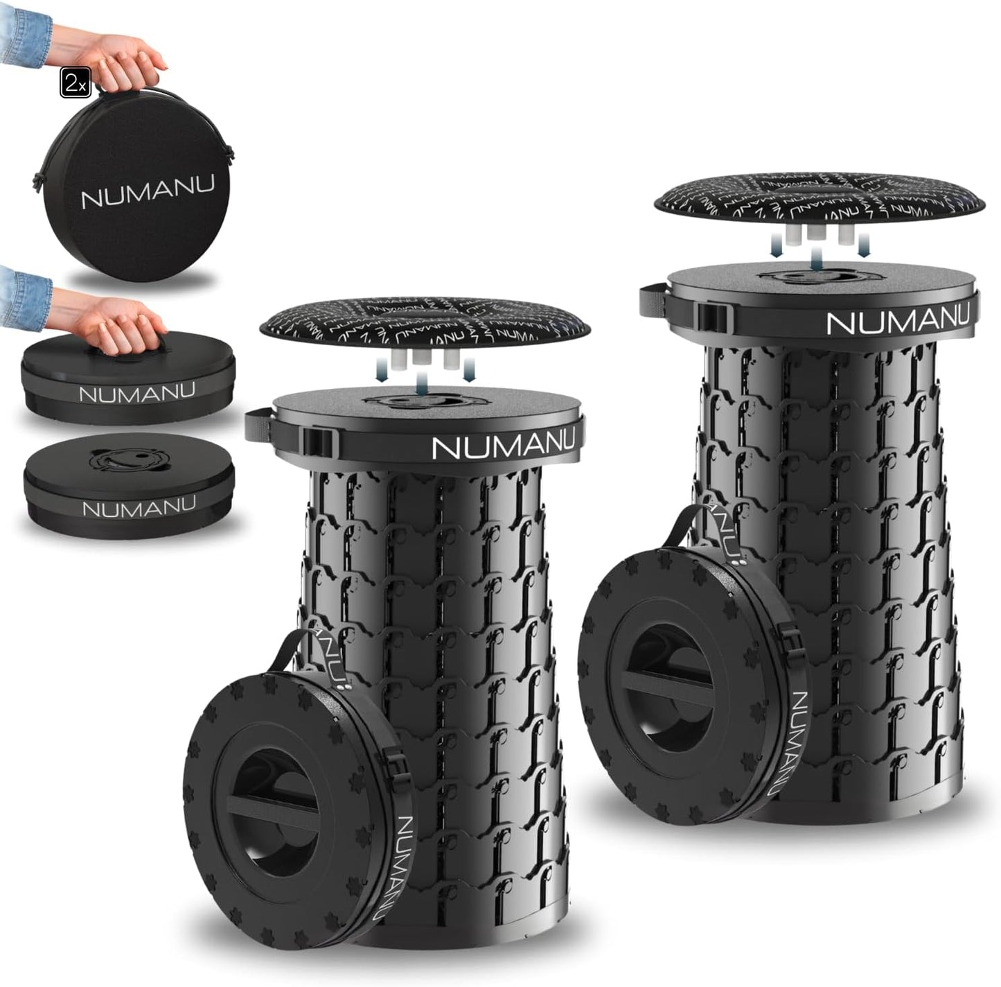 2-Pack 2025 Upgraded Collapsible Stool & Dual Carry Bag + Clips, Max 620lb Portable Folding Stool, Height Adjustable Retractable Telescopic Seat, Travel Chair, Foldable Camping Seat or Footrest