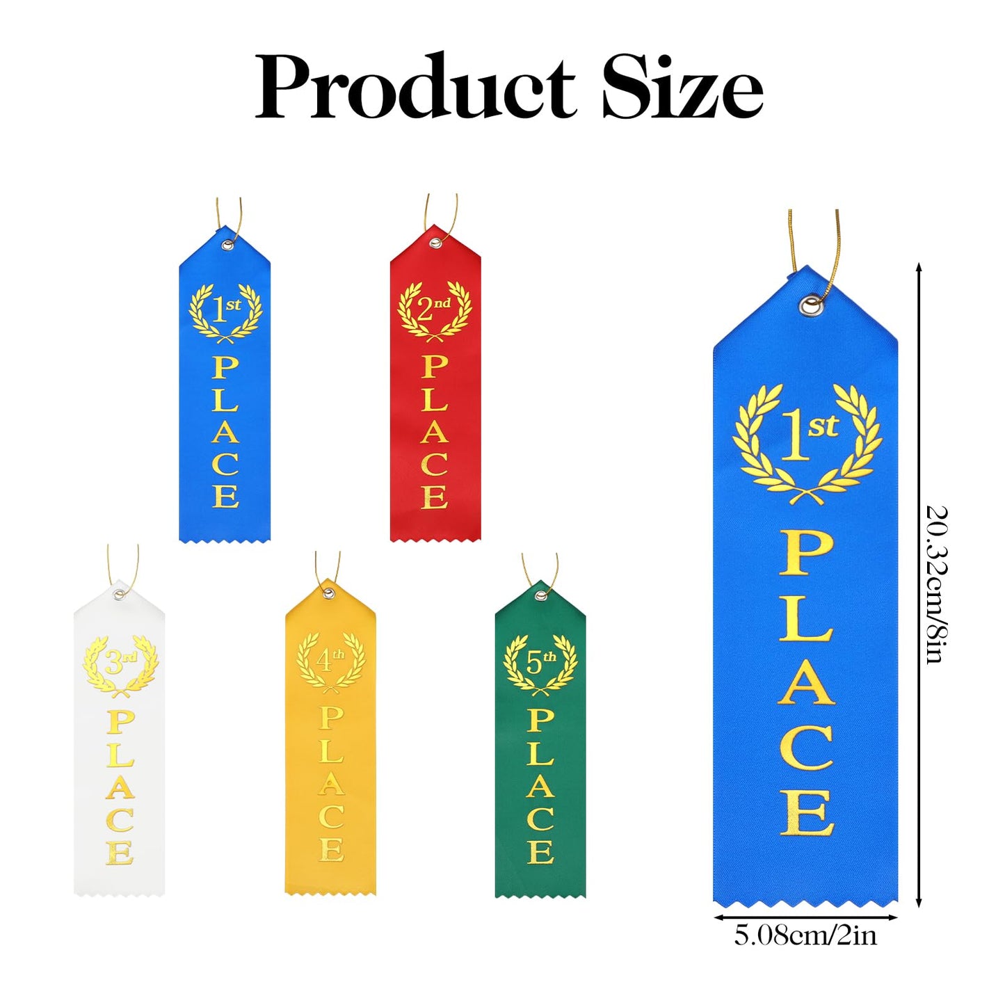 15 Pcs Award Ribbons, 1st 2nd 3rd 4th 5th Place Flat Prize Ribbons Set with Event Card and Rope, First Place Ribbon for Competition Sports Event School Contests(Blue+Red+White+Yellow+Green)