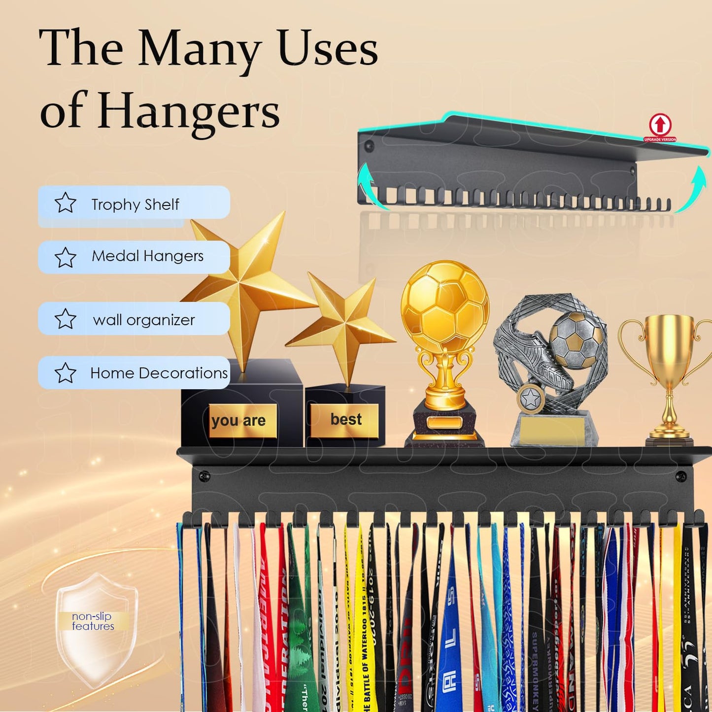 iBobbish Metal Medal Hanger Display, Non-Slip Trophy Shelf with 20 Hooks, Wall Mount, Heavy Duty, Non-Bent, Holds 22-33lbs, for Gymnastics, Race, Soccer, Swim
