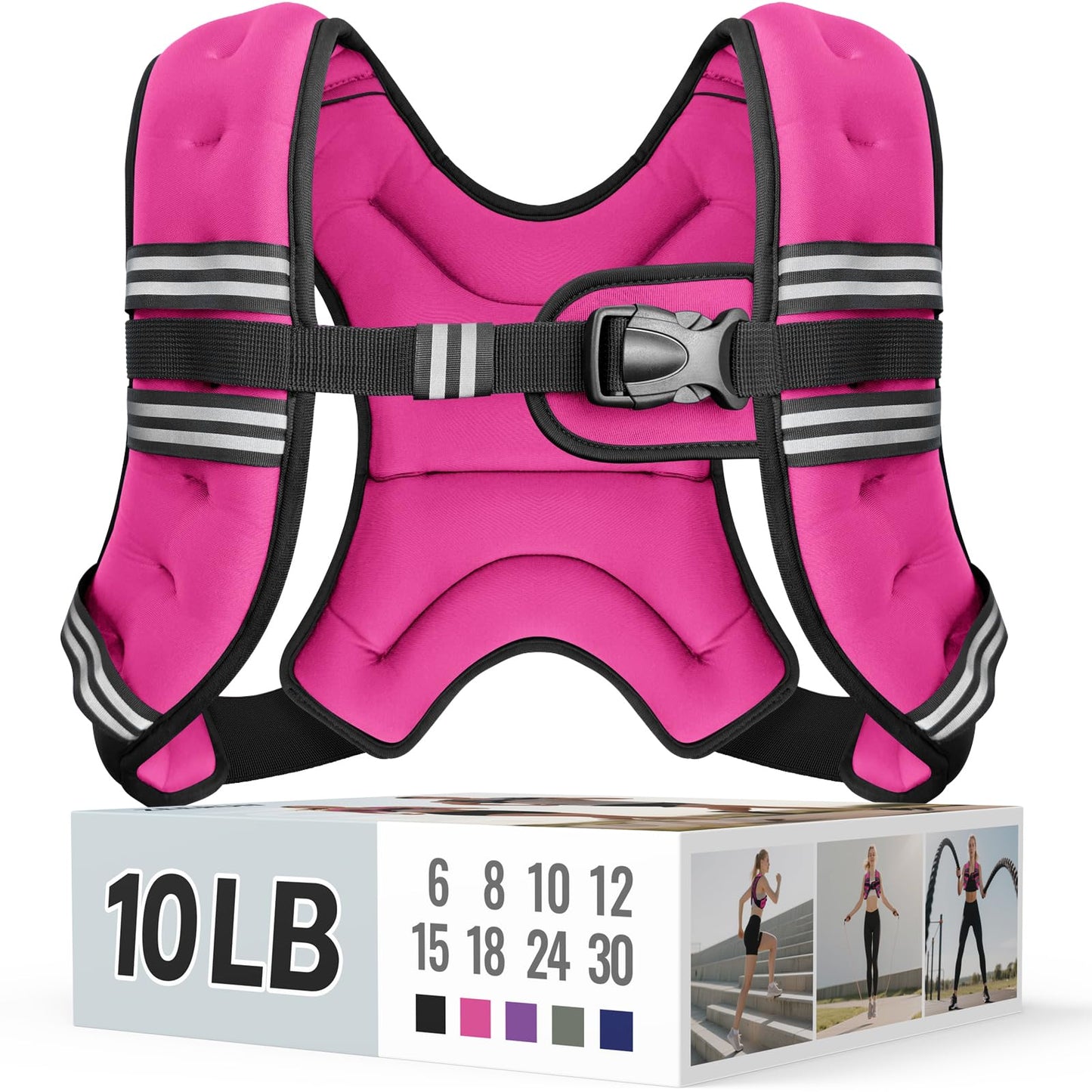 Zeerun Weighted Vest, 6lb/8lb/10lb/12lb/15lb/18lb/20lb/24lb/30lb for Men Women, Reflective Stripe Adjustable Buckle, Comfortable Durable Rucking Vest for Walking Running Strength Training, 10LBS-Pink
