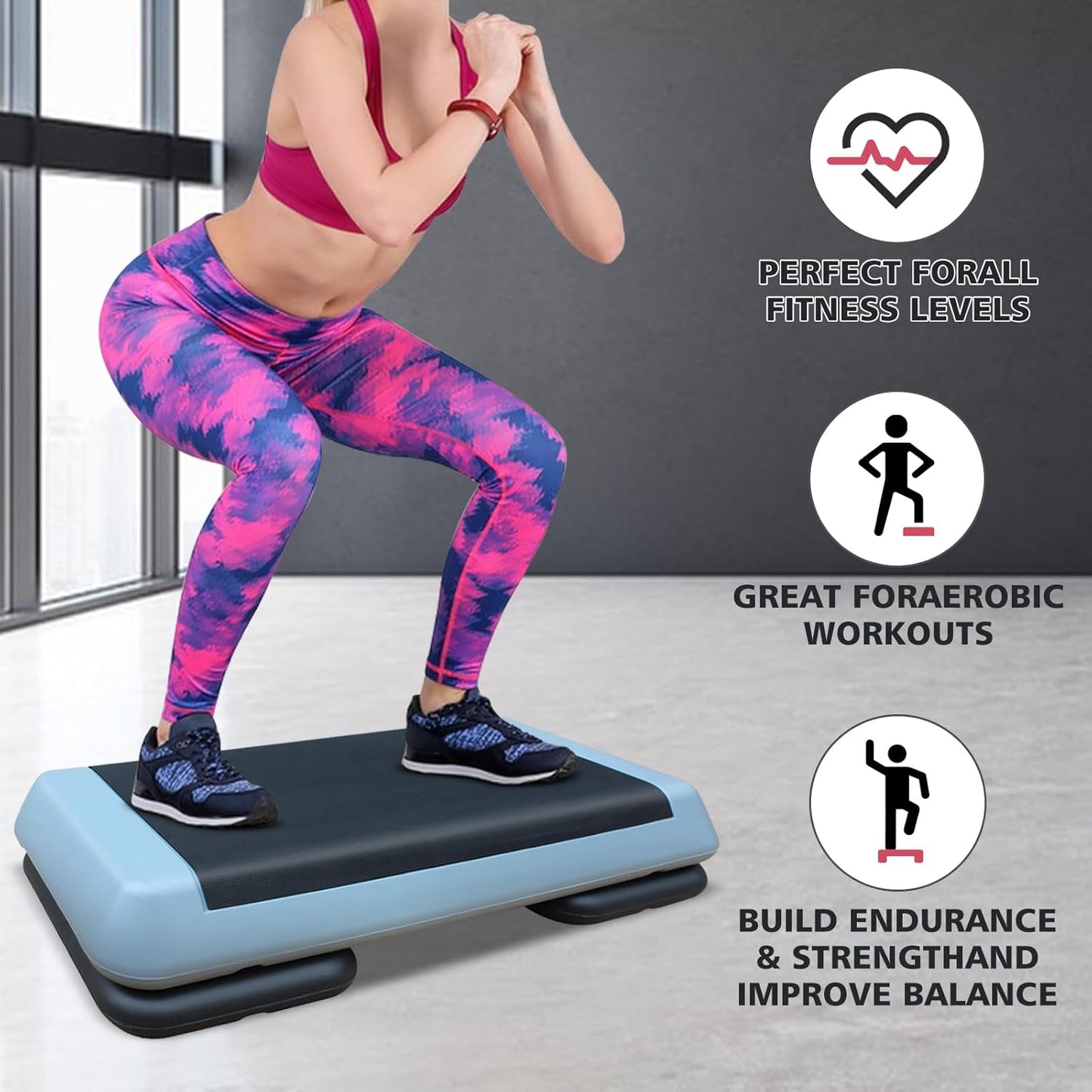 28.5'' Exercise Aerobic Step Platform, 4-6-8inAdjustable Fitness Stepper Workout with 4 Stackable Risers, Aerobics Stepper Workout Stepper for Home Gym Cardio Strength & Training (Red & Gray)