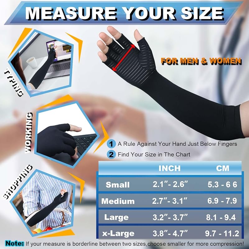 Copper Long Arthritis Gloves with Fingerless Design - Medium, Black