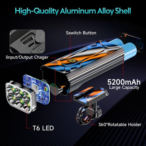 Upgrade Super Bright 6 LED Bike Light for Night Riding,6000 mAh Aluminum Rechargeable Bicycle Light,Runtime 48+hrs,10 Modes Waterproof Safety Bike Headlight Taillight for Outdoor Cycling,2000 LM