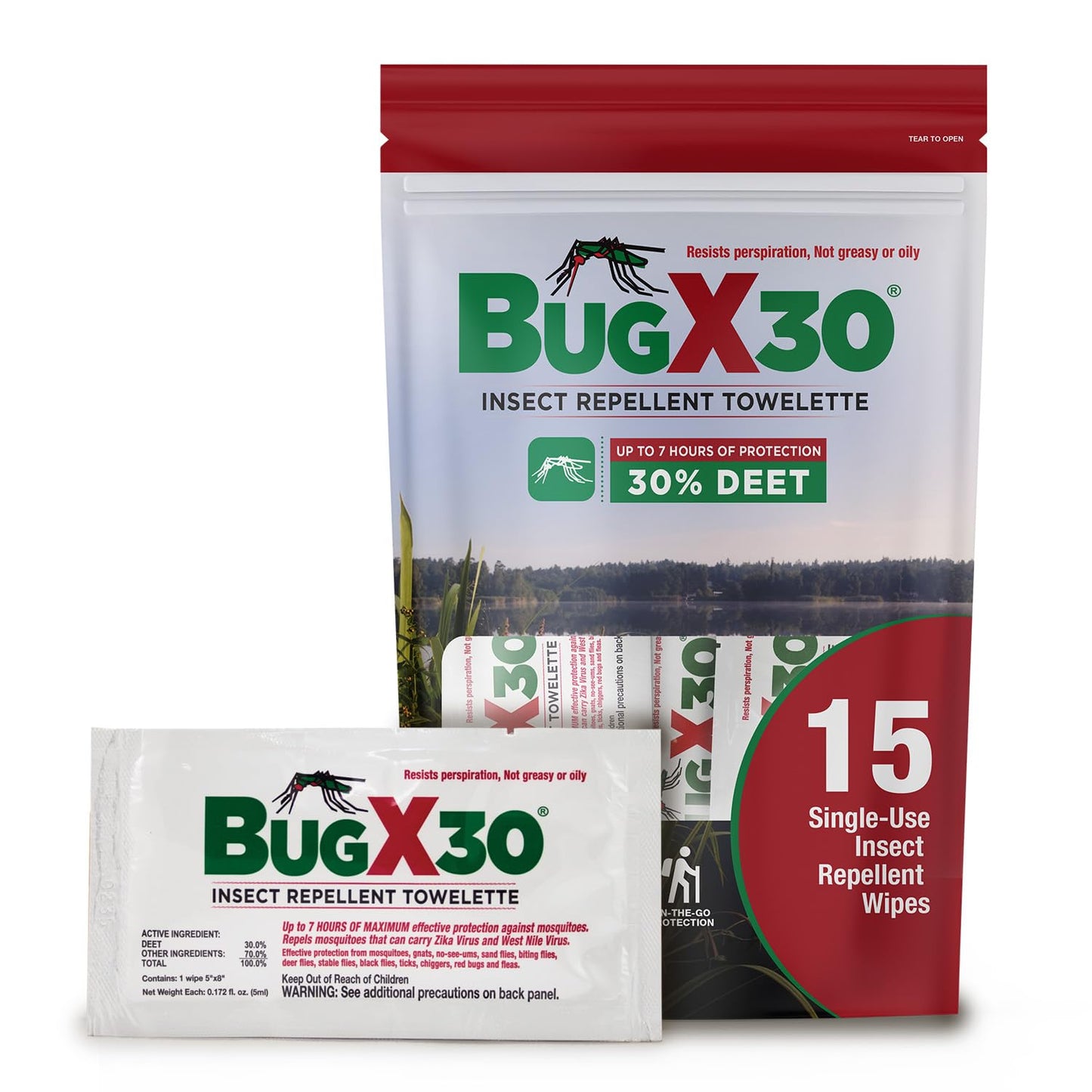 CoreTex Bug X 30 Insect Repellent Towelette with 30% DEET - Pack of 15 Single-Use Insect Repellent Wipes Repel Biting Insects for up to 7 Hours