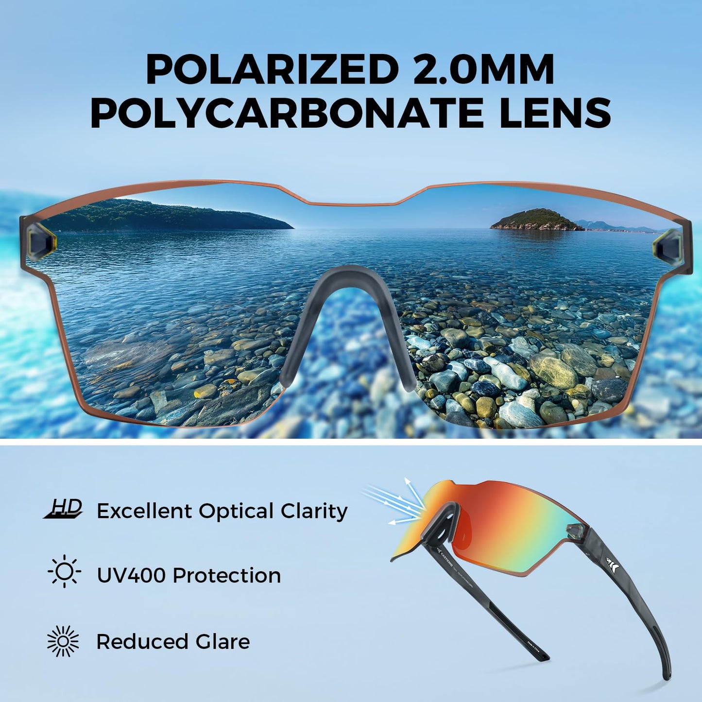 KastKing Tarkio Polarized Fishing Sunglasses, Large Single PC Lenses, Rimless Wrap Design, UV400 Protection Sports Sunglasses