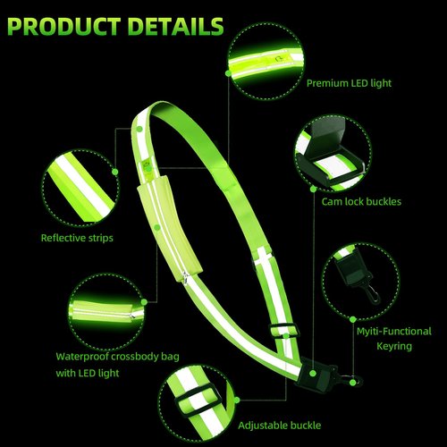 Pomerol LED Reflective Belt: High Visibility Night Safety Belt with 4 Light Colors, 3 Modes, USB Rechargeable, Adjustable for Runners & Walkers