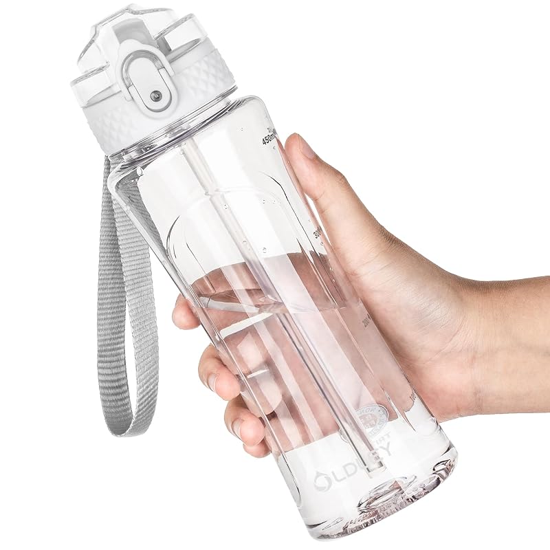 OLDLEY 15 oz Leak-Proof Kids Water Bottle with Straw - BPA-Free Tritan, Time Marker, 1 Straw Lid, Transparent