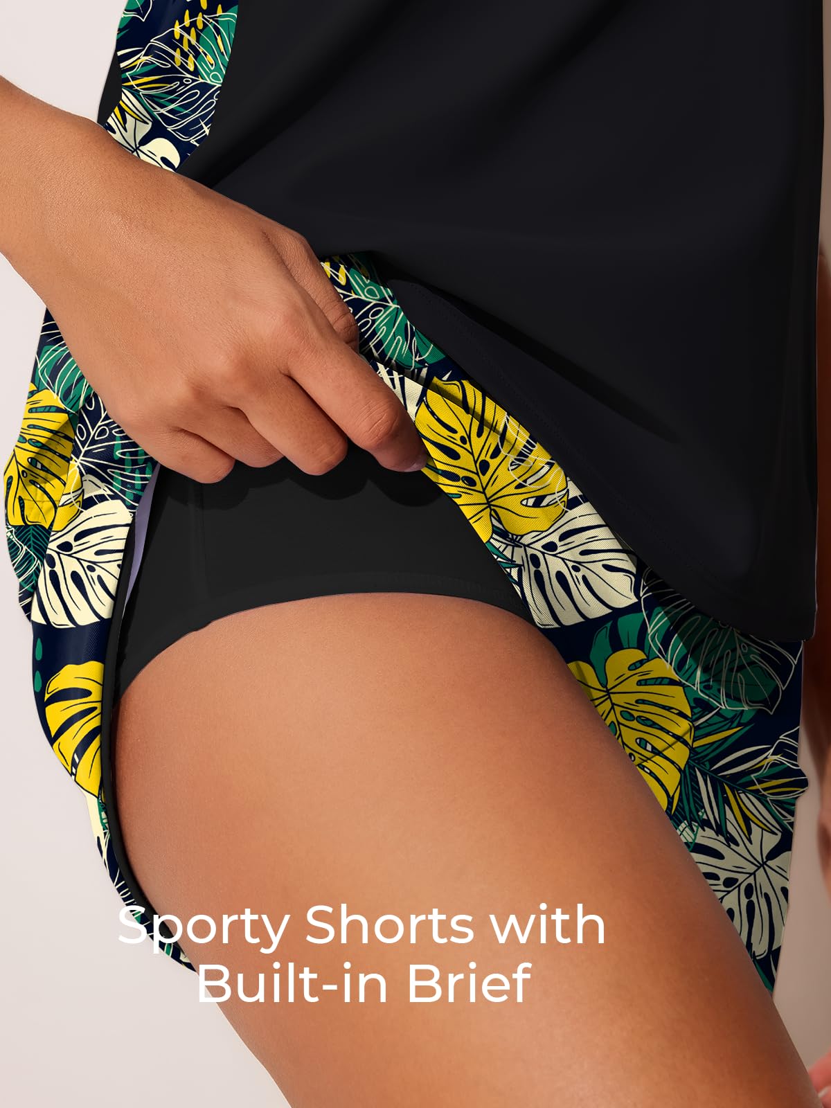 Summer Mae Blouson Tankini Swimsuits for Women 2026 Tummy Control Two Piece Bathing Suits with Sporty Pockets Swim Shorts Yellow Green Monstera Size 10