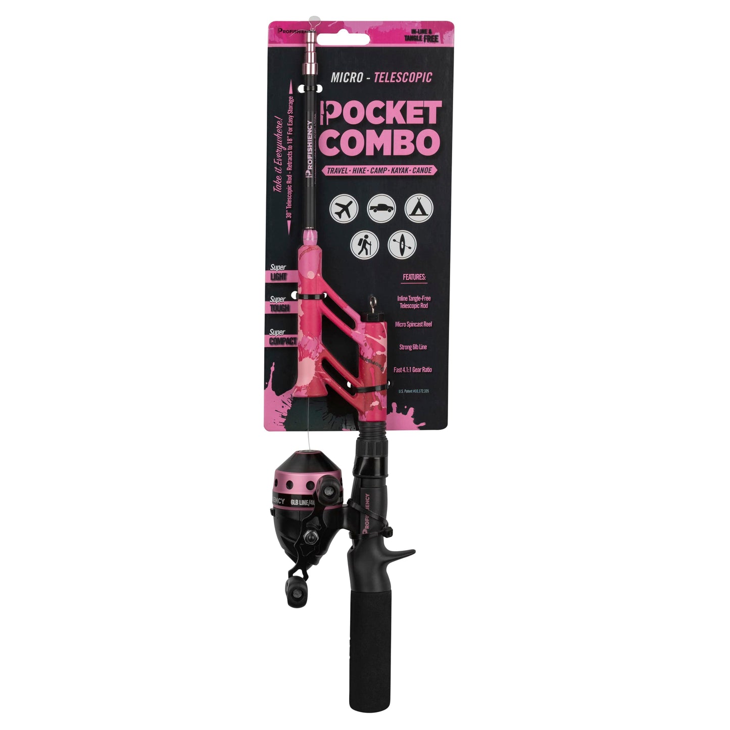 ProFISHiency Pink Splat Pocket Combo | 30” Light Action Tangle-Free Telescopic Fiberglass Rod | Micro Spincast Reel w/ 4.1:1 Gear Ratio | Pre-Spooled w/ 6lb Line