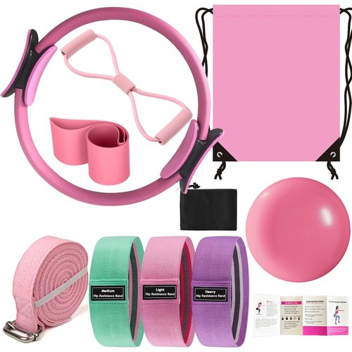 Nuplot Pilates Essentials Kit for Women - Better Yoga Pilates Kit for Home Workouts with Pilates Ring and Ball Set, Booty Bands, Figure 8 Resistance Band, Yoga Band for Stretching (Pink)