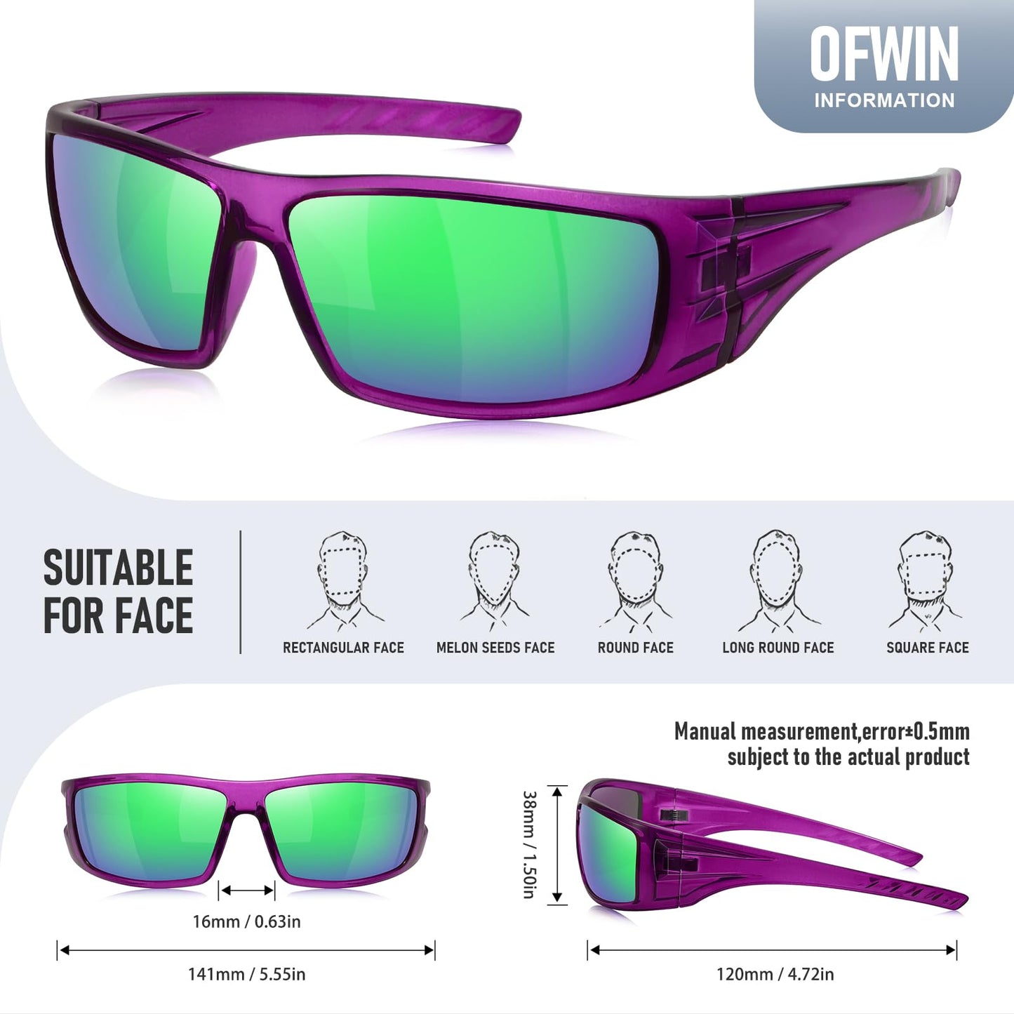 Ofwin Polarized Sports Sunglasses for Men Women Unbreakable Frame Cycling Fishing Wrap Around Sunglasses UV400 Protection 1-Clear Purple/Green Mirror Lens
