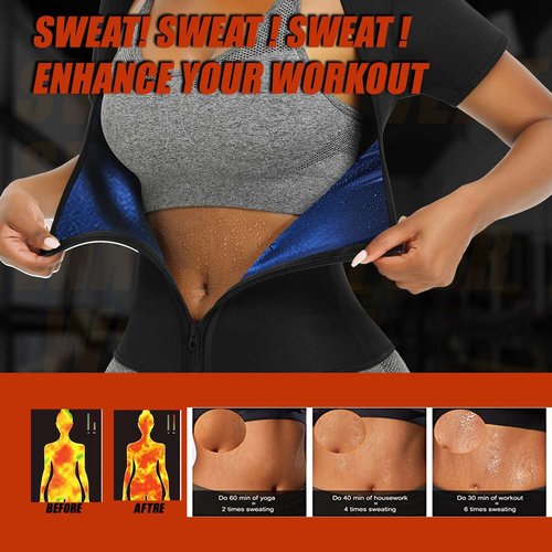 REMEBSWEAT Sauna Suit Shirt Waist Trainer For Women workout Set Short Sleeve,L