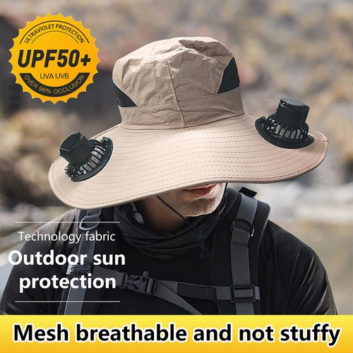 Solar Fan Hat, Solar Powered Fan Hat with 2 Solar, Wide Sun Hats for Men Women, Outdoor Hiking Camping with Fishing Hat Beige