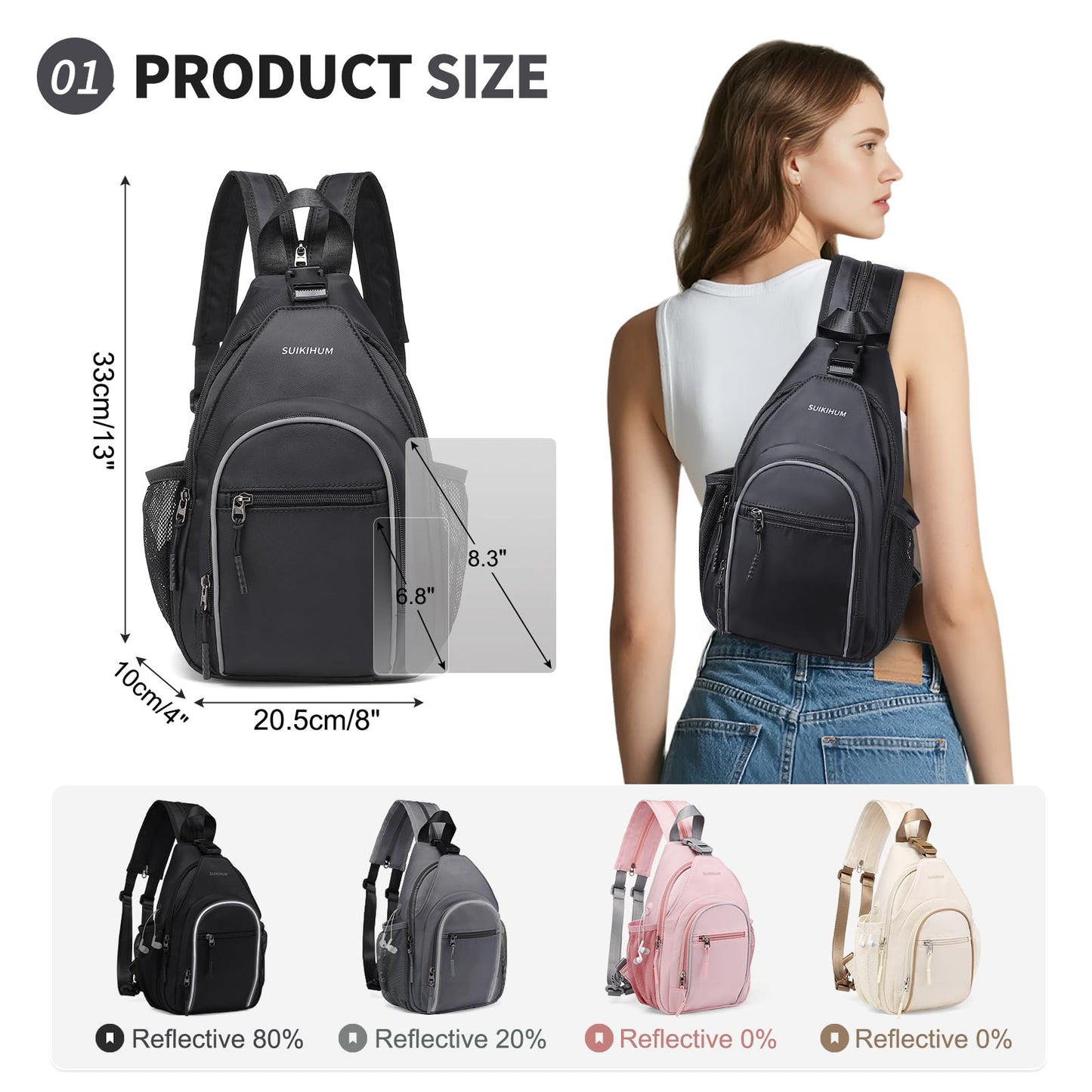 SUIKIHUM Crossbody Sling Bag with Water Bottle Holder, 8.3" Convertible Small Backpack Anti Theft Daypack, Chest Fanny Pack for Men Women, Black