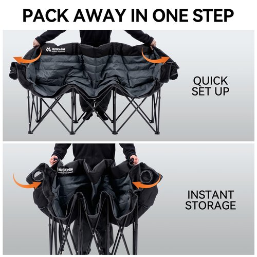 Huskfirm 3 Person Camping Chairs Folding Double Camping Chair Portable Oversized Loveseat Padded Camp Chair Heavy Duty Camping Couch for Adults Outdoor Lawn with Two Cup Holders and Carry Bag