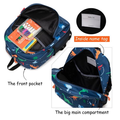 JinBeryl Toddler Backpack Boys, 12 Inch Kids Backpack for Preschool or Kindergarten, Dinosaur Navy Blue