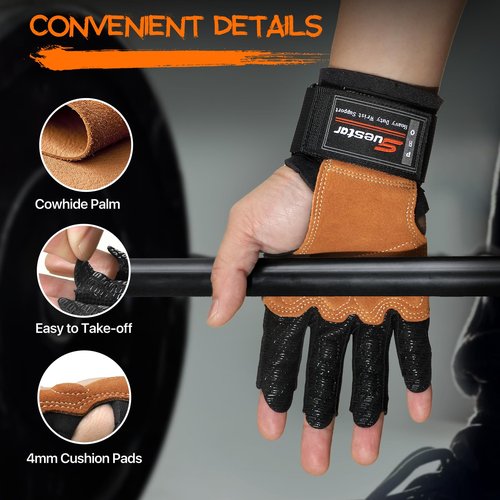SueStar Workout Gloves, Heavy Duty Cowhide Padded Weight Lifting Gloves with Wrist Support, Full Palm Protection & Silicone Grips, Ideal for Weightlifting, Deadlifts, Exercise (Large), Black