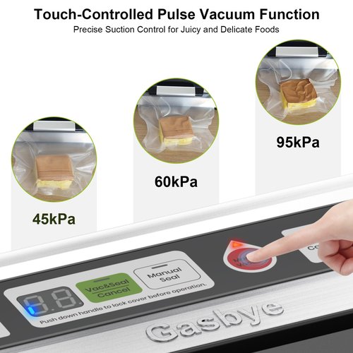 Gasbye Vacuum Sealer Machine, 95kPa Food Sealer with Double Heat Seal for Dry/Moist Food, Easy-lock Handle, Built-in Bag Storage & Cutter, Progress Display, Removable Drip Tray, Silver
