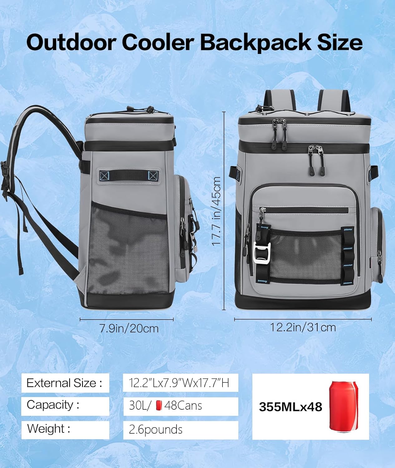Insulated Cooler Backpack 30L - Leak Proof, 24+ Hour Ice Retention, Lightweight for Camping, Beach, Hiking with Bottle Opener - Gray