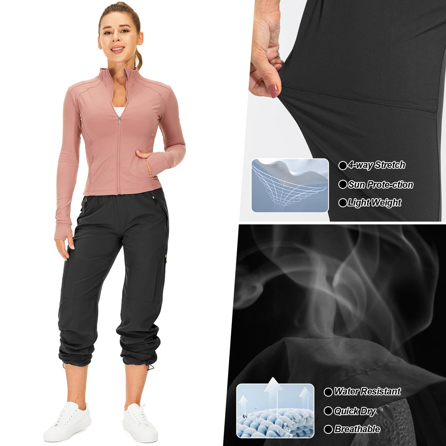 Womens Hiking Pants Sun Protection Quick Dry UPF 50 Lightweight Travel Golf Cargo Safari Pants Zipper Pockets,6608,Black,Tall S